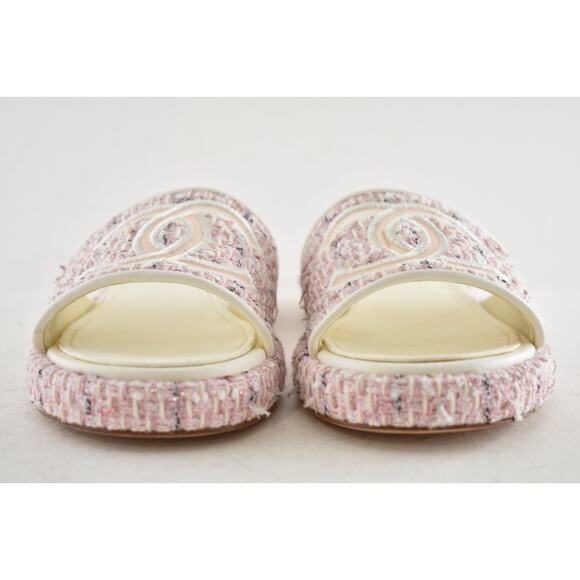 Chanel 20P Pink White Tweed Mesh CC Logo Slide Slip On Sandal Mule Heel Flat 36 - Picture 8 of 15